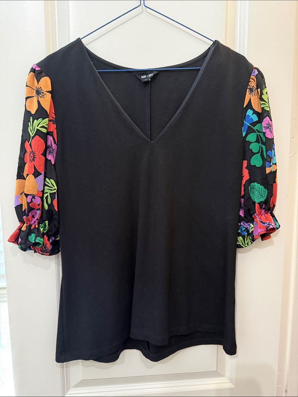 Saint + Sofia Black V-Neck Top with Multicolor Floral Puff Sleeves